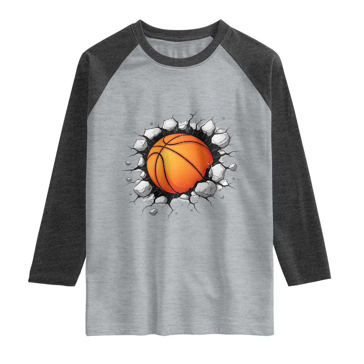 Funny Basketball Bursting Through Wall Raglan Shirt Sports Fan Gift TS12 Heather Gray Heather Charcoal Print Your Wear