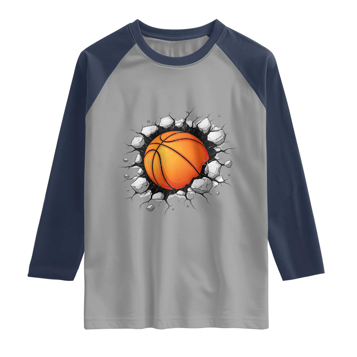 Funny Basketball Bursting Through Wall Raglan Shirt Sports Fan Gift TS12 Sport Gray Navy Print Your Wear