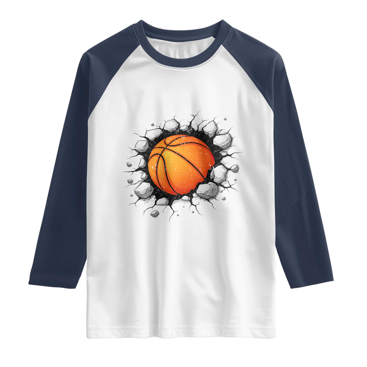 Funny Basketball Bursting Through Wall Raglan Shirt Sports Fan Gift TS12 White Navy Print Your Wear