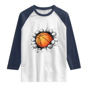Funny Basketball Bursting Through Wall Raglan Shirt Sports Fan Gift TS12 White Navy Print Your Wear