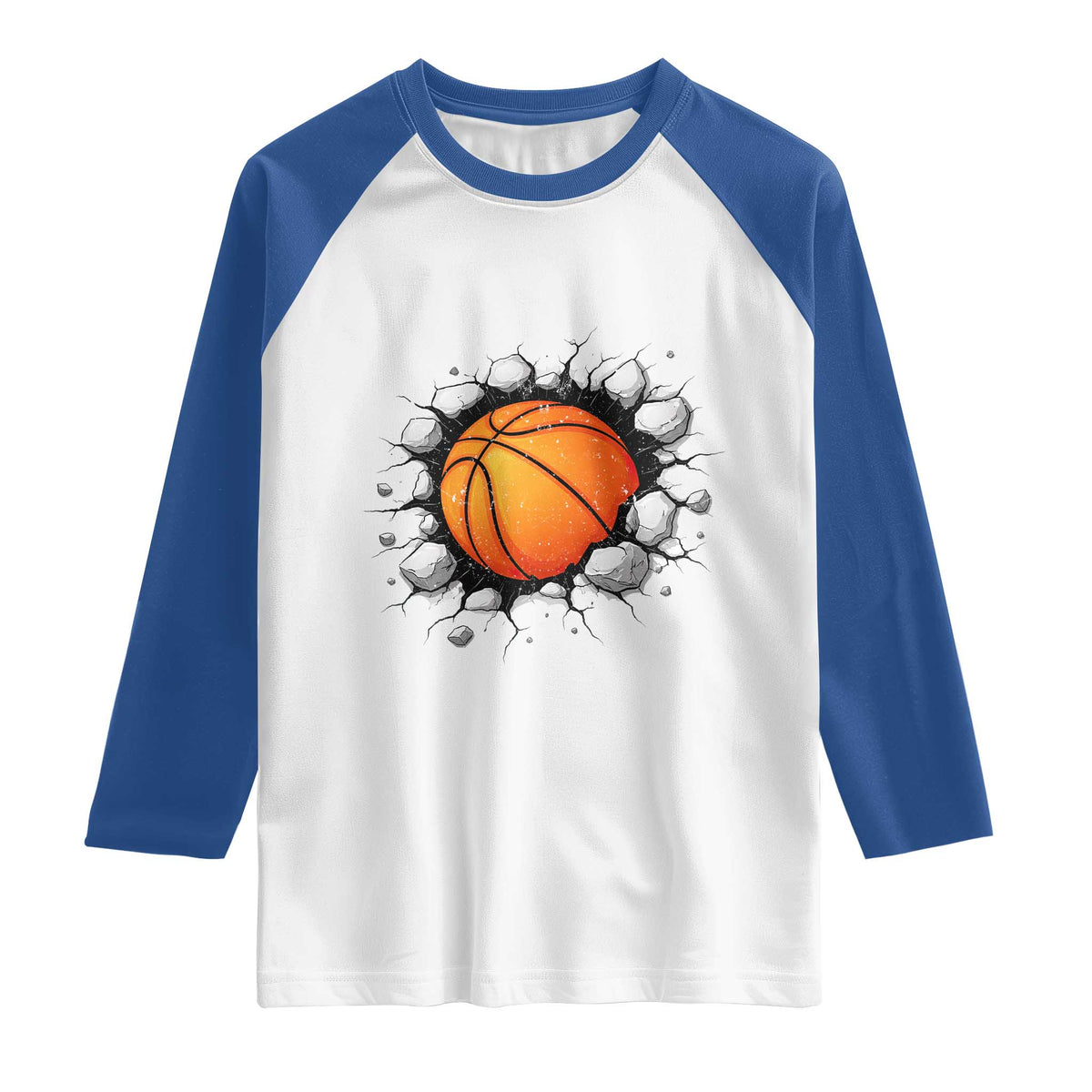 Funny Basketball Bursting Through Wall Raglan Shirt Sports Fan Gift TS12 White Royal Print Your Wear