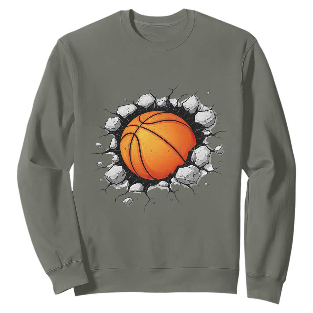 Funny Basketball Bursting Through Wall Sweatshirt Sports Fan Gift TS12 Military Green Print Your Wear