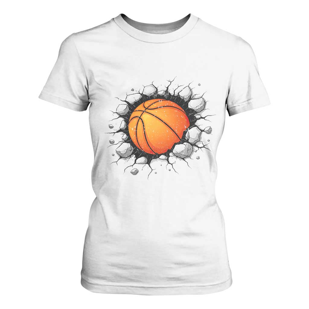 Funny Basketball Bursting Through Wall T Shirt For Women Sports Fan Gift TS12 White Print Your Wear