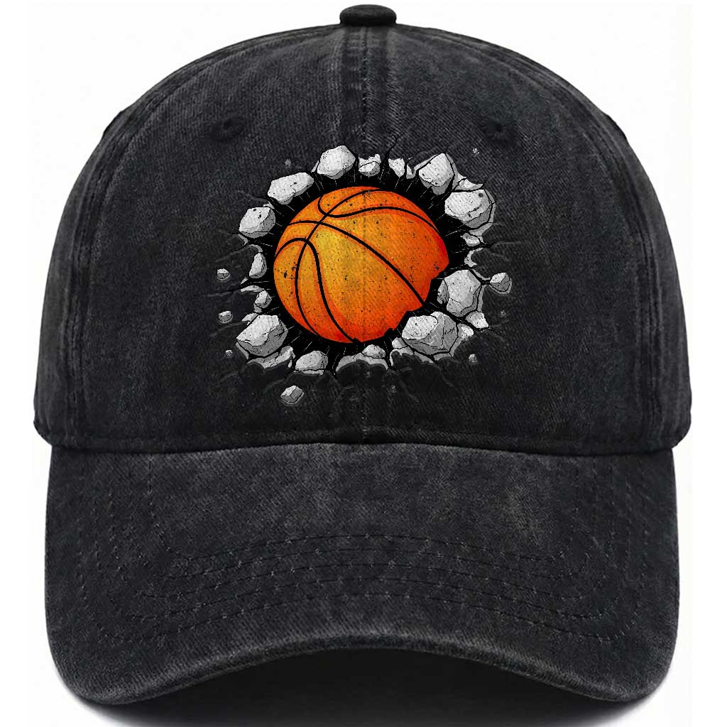 Funny Basketball Bursting Through Wall Washed Cotton Baseball Cap Sports Fan Gift TS12 Print Your Wear