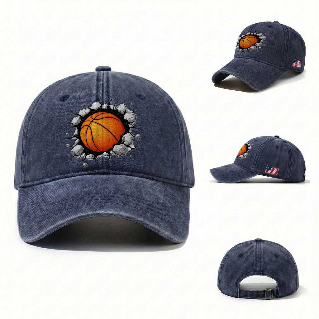 Funny Basketball Bursting Through Wall Washed Cotton Baseball Cap Sports Fan Gift TS12 Washed Cap Universal Fit Navy Print Your Wear