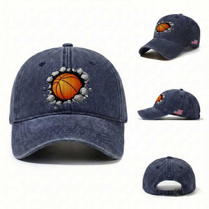 Funny Basketball Bursting Through Wall Washed Cotton Baseball Cap Sports Fan Gift TS12 Washed Cap Universal Fit Navy Print Your Wear