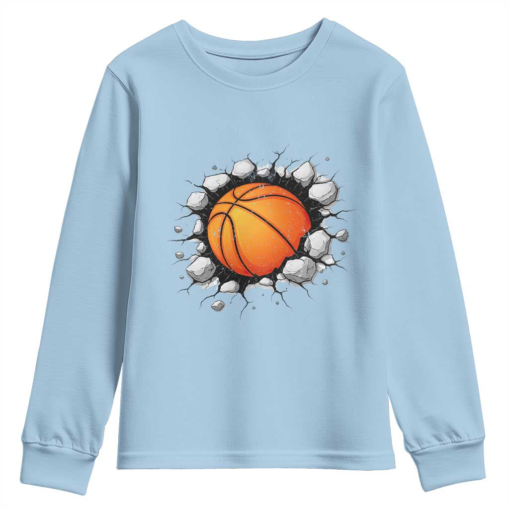 Funny Basketball Bursting Through Wall Youth Sweatshirt Sports Fan Gift TS12 Light Blue Print Your Wear