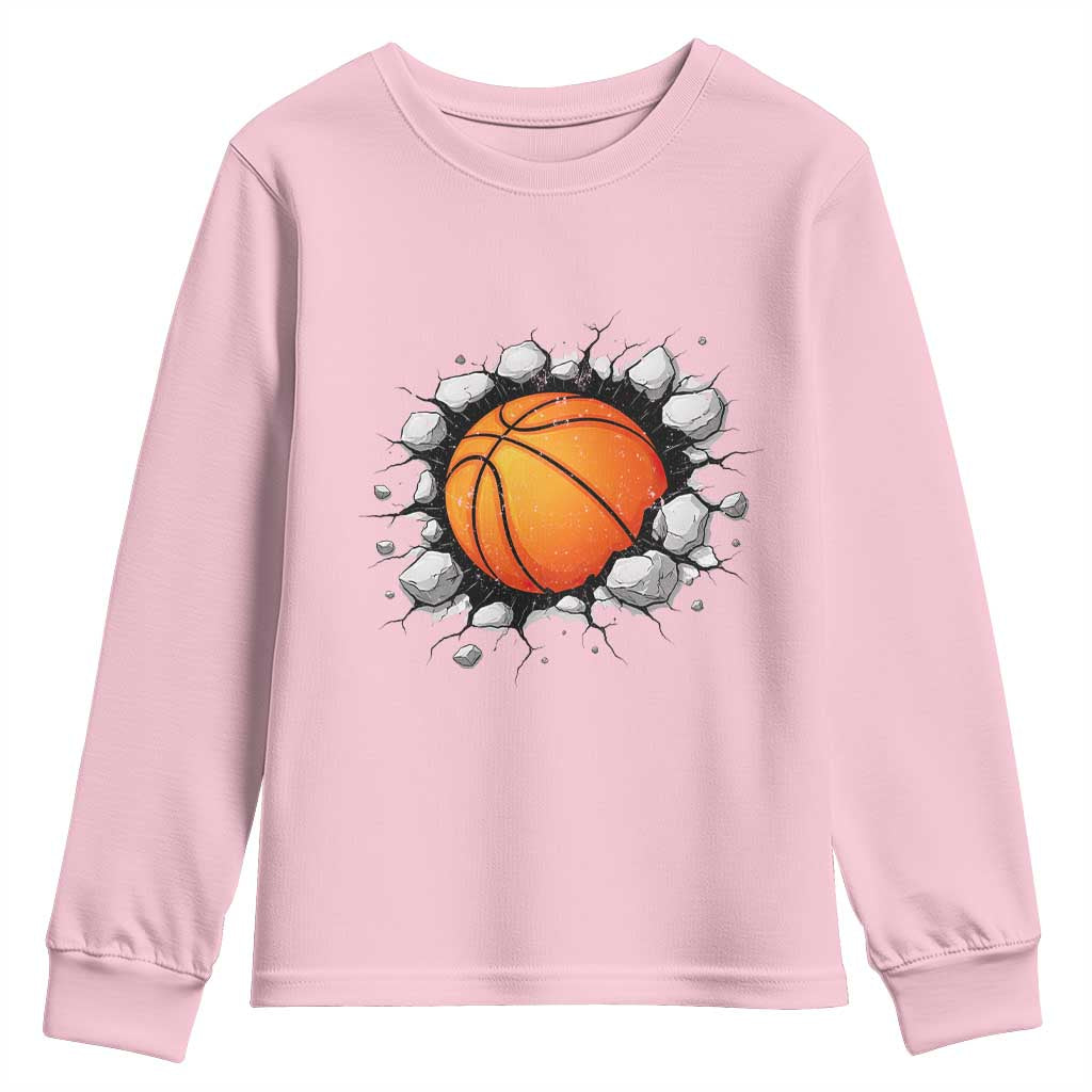 Funny Basketball Bursting Through Wall Youth Sweatshirt Sports Fan Gift TS12 Light Pink Print Your Wear