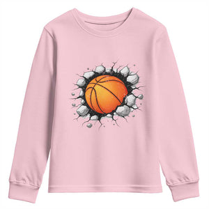 Funny Basketball Bursting Through Wall Youth Sweatshirt Sports Fan Gift TS12 Light Pink Print Your Wear