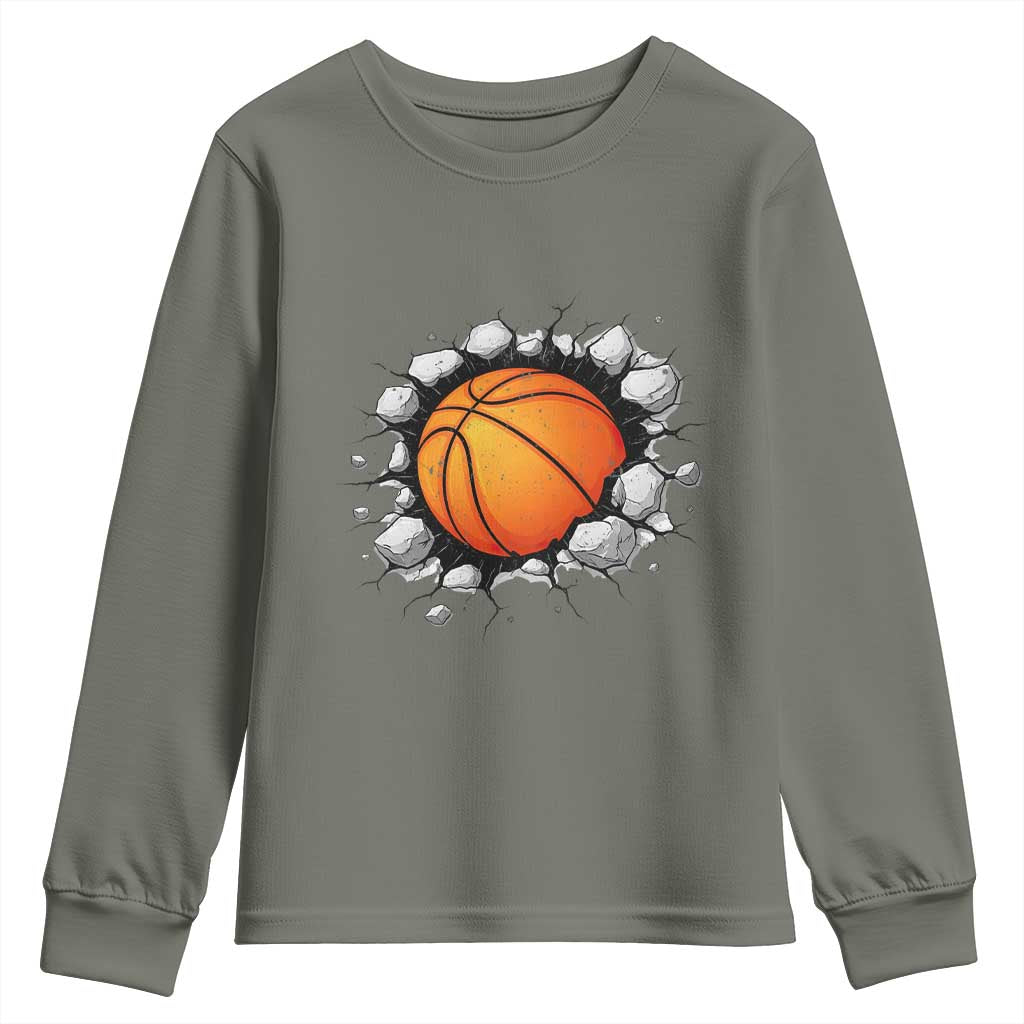 Funny Basketball Bursting Through Wall Youth Sweatshirt Sports Fan Gift TS12 Military Green Print Your Wear