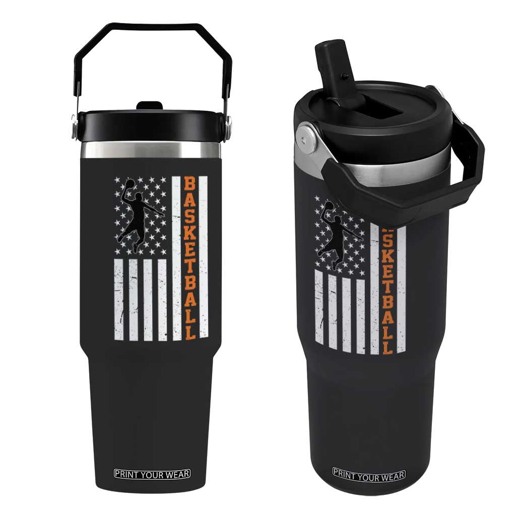 American Flag Basketball Flip Straw Tumbler Patriotic Sports Lover Gift TS12 One Size: 30 oz Black Print Your Wear
