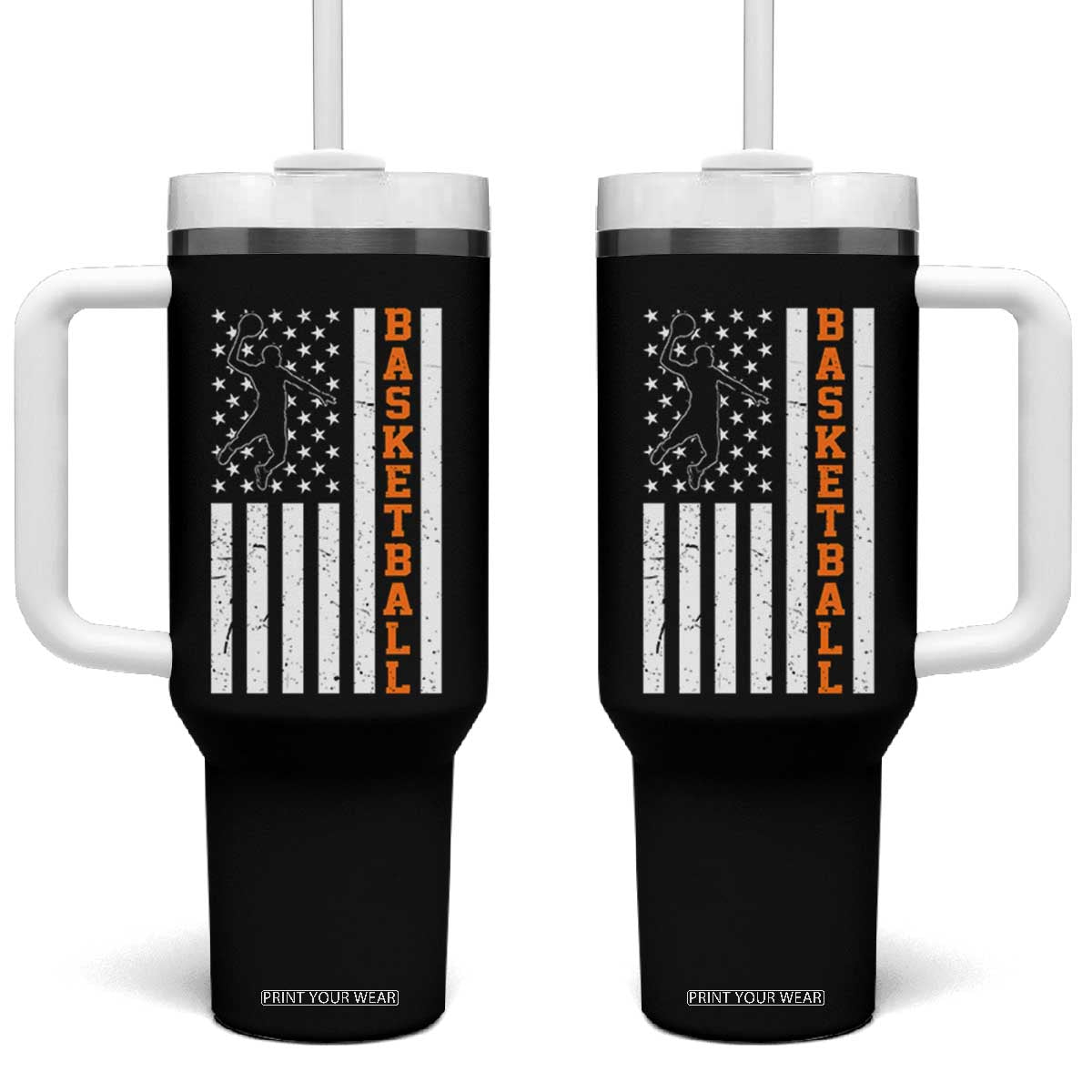 American Flag Basketball Tumbler With Handle Patriotic Sports Lover Gift TS12 One Size: 40 oz Black Print Your Wear