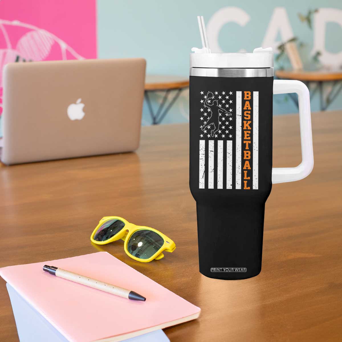 American Flag Basketball Tumbler With Handle Patriotic Sports Lover Gift TS12 Print Your Wear