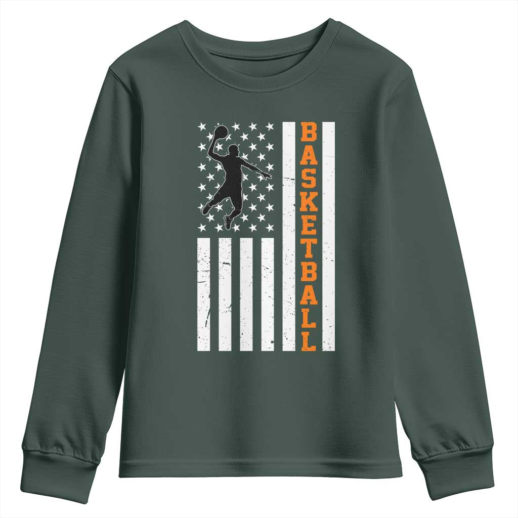 American Flag Basketball Youth Sweatshirt Patriotic Sports Lover Gift TS12 Dark Forest Green Print Your Wear
