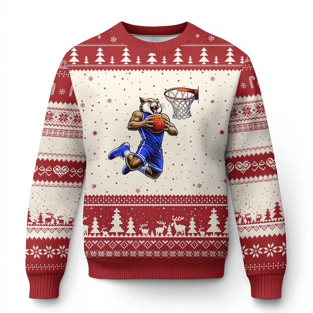 Funny Wildcat Dunking Basketball Ugly Christmas Sweater Gift For Sports Fan TS12 Beige Red Print Your Wear