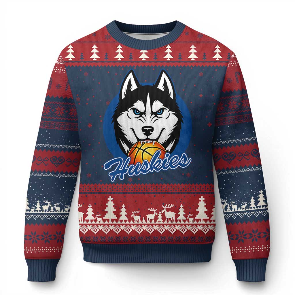 Cool Siberian Husky Basketball Ugly Christmas Sweater Gift For Dog Lovers TS12 Navy Red Print Your Wear