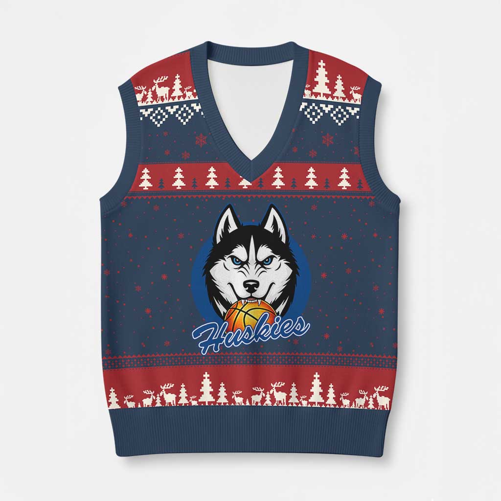 Cool Siberian Husky Basketball V-Neck Knit Sweater Vest Gift For Dog Lovers TS12 Navy Red Print Your Wear