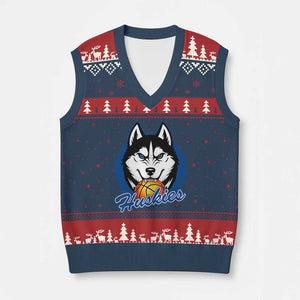 Cool Siberian Husky Basketball V-Neck Knit Sweater Vest Gift For Dog Lovers TS12 Navy Red Print Your Wear