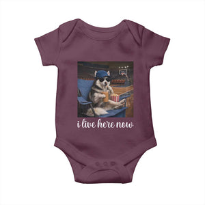 Funny Sarcastic Husky Basketball Baby Onesie I Live Here Now TS12 Maroon Print Your Wear