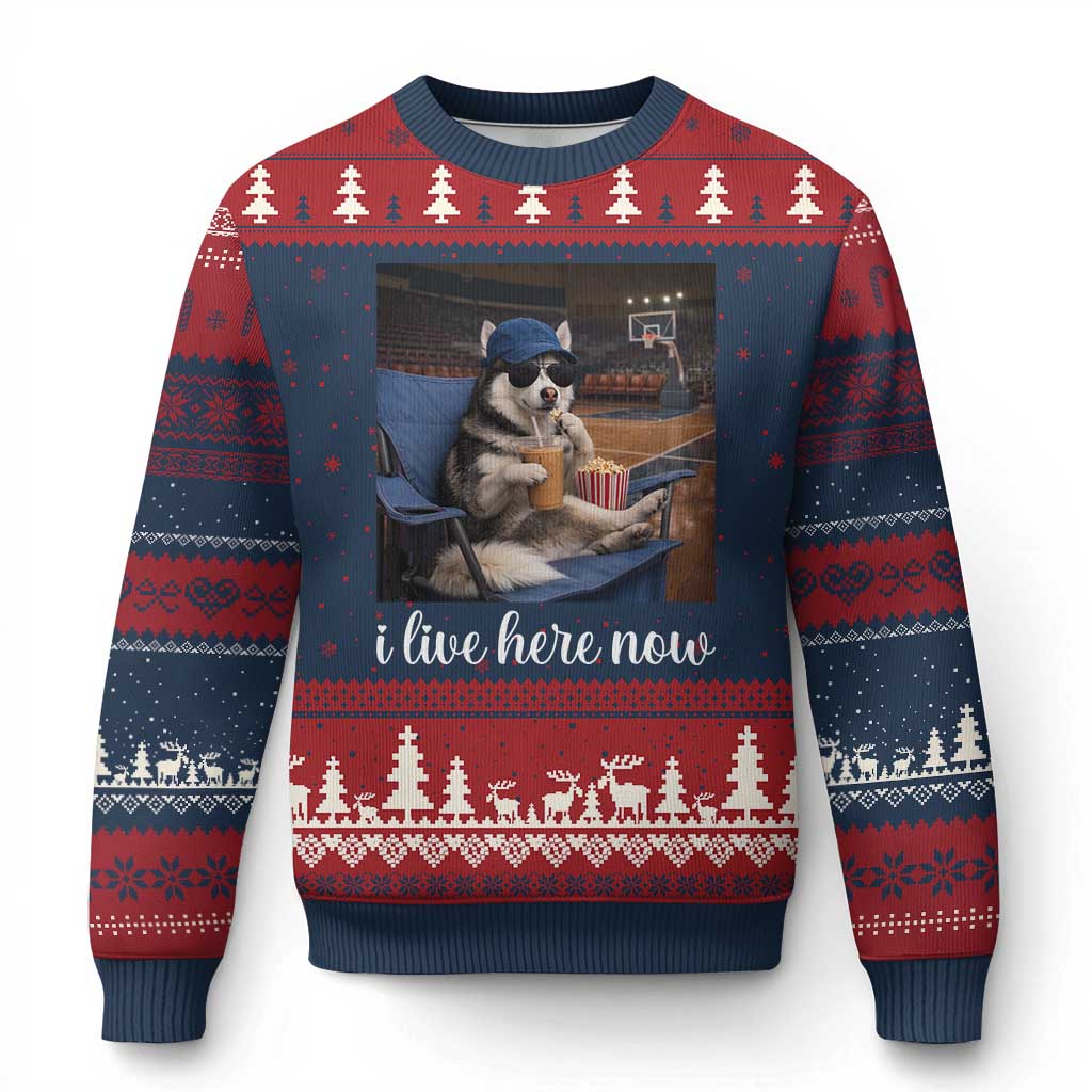 Funny Sarcastic Husky Basketball Ugly Christmas Sweater I Live Here Now TS12 Navy Red Print Your Wear