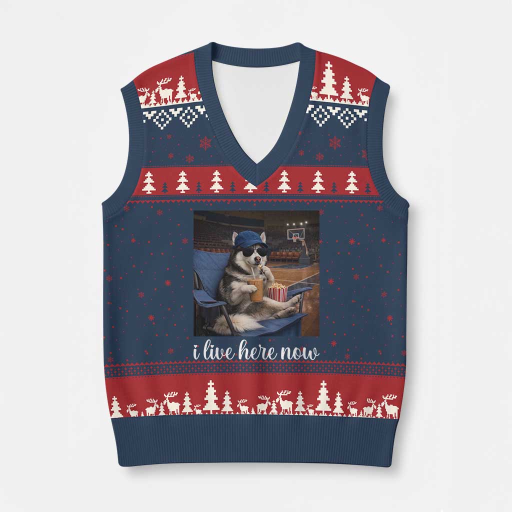 Funny Sarcastic Husky Basketball V-Neck Knit Sweater Vest I Live Here Now TS12 Navy Red Print Your Wear