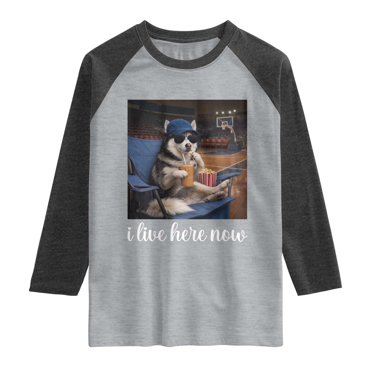 Funny Sarcastic Husky Basketball Raglan Shirt I Live Here Now TS12 Heather Gray Heather Charcoal Print Your Wear