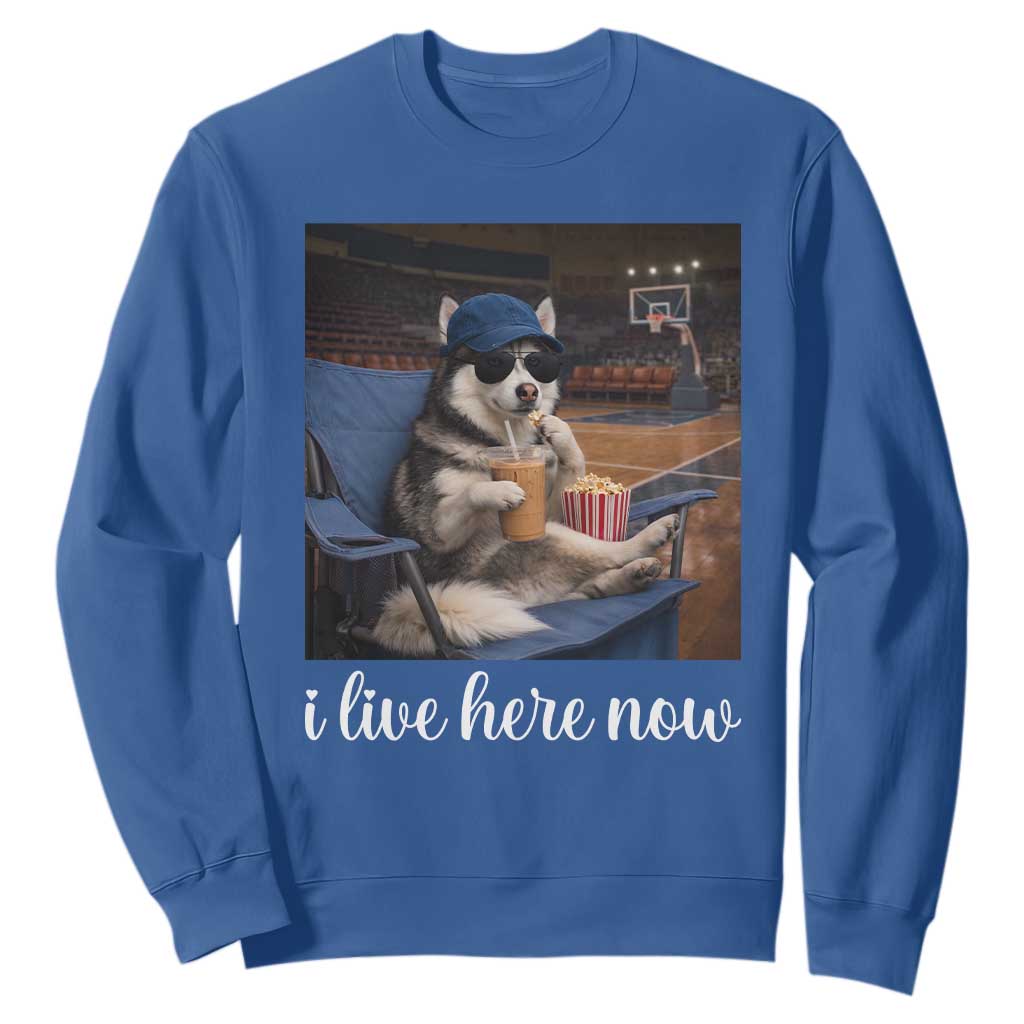 Funny Sarcastic Husky Basketball Sweatshirt I Live Here Now TS12 Royal Blue Print Your Wear