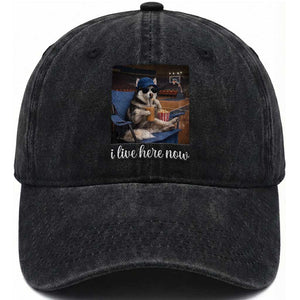 Funny Sarcastic Husky Basketball Washed Cotton Baseball Cap I Live Here Now TS12 Print Your Wear
