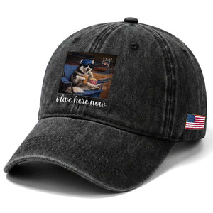 Funny Sarcastic Husky Basketball Washed Cotton Baseball Cap I Live Here Now TS12 Print Your Wear