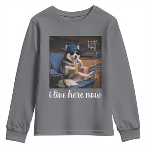 Funny Sarcastic Husky Basketball Youth Sweatshirt I Live Here Now TS12 Charcoal Print Your Wear