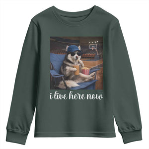 Funny Sarcastic Husky Basketball Youth Sweatshirt I Live Here Now TS12 Dark Forest Green Print Your Wear