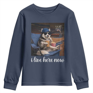 Funny Sarcastic Husky Basketball Youth Sweatshirt I Live Here Now TS12 Navy Print Your Wear