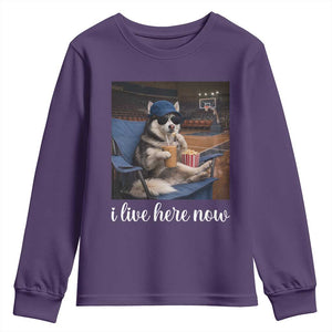 Funny Sarcastic Husky Basketball Youth Sweatshirt I Live Here Now TS12 Purple Print Your Wear