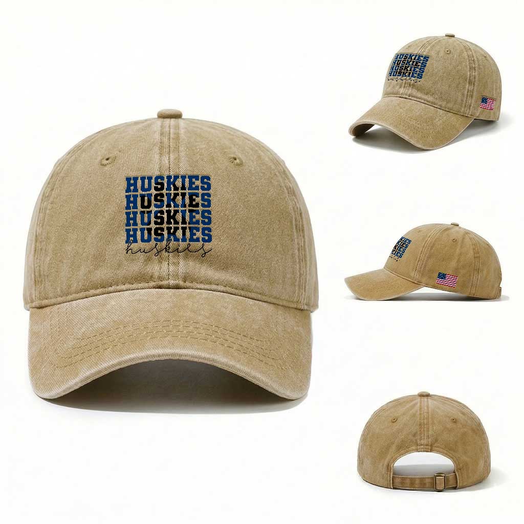 Husky Fan Paw Inset Washed Cotton Baseball Cap Team Pride School Spirit TS12 Washed Cap Universal Fit Khaki Print Your Wear