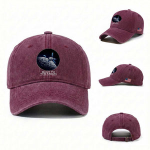 Back To The Moon Washed Cotton Baseball Cap Lunar Mission Astronaut Space Lover TS12 Washed Cap Universal Fit Burgundy Print Your Wear