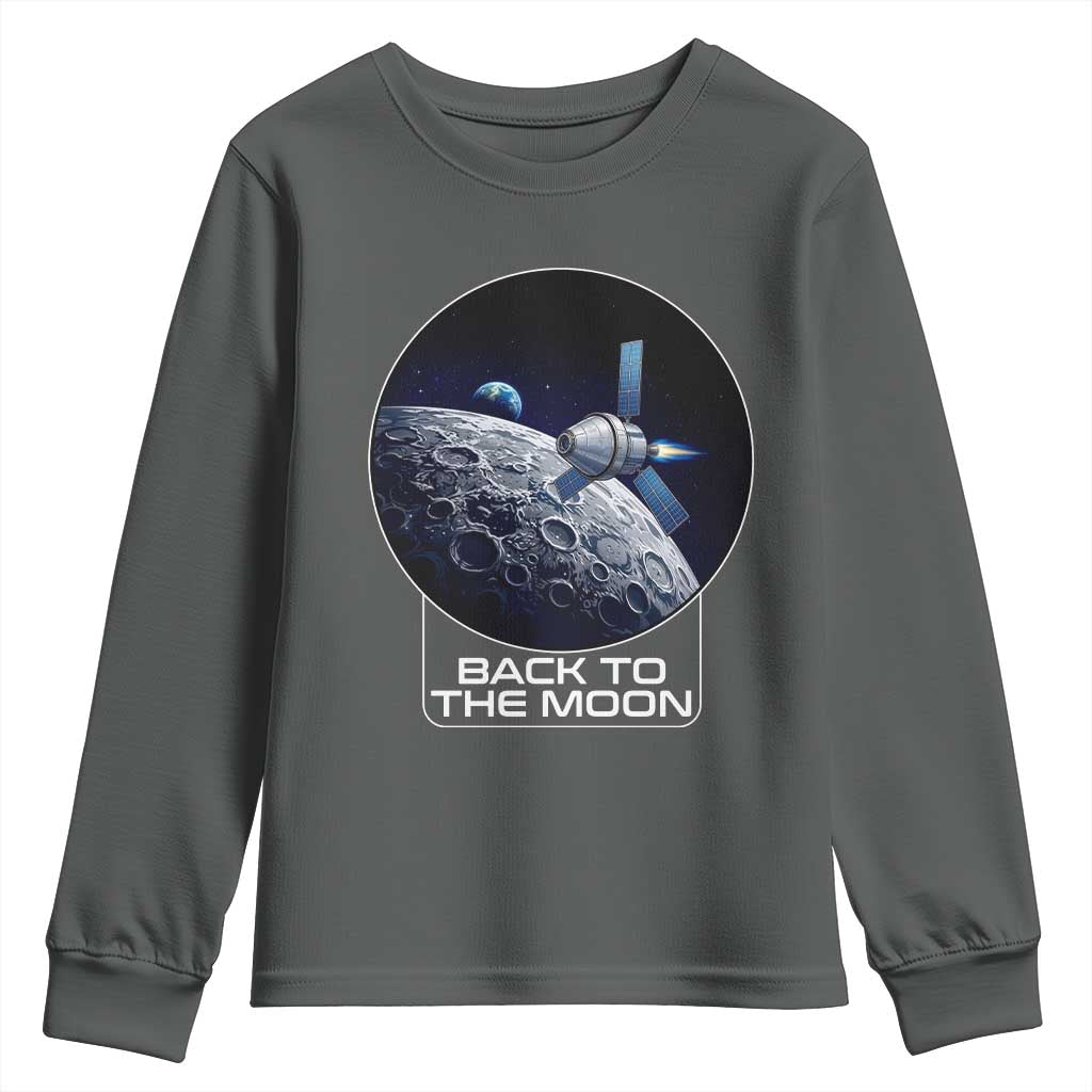 Back To The Moon Youth Sweatshirt Lunar Mission Astronaut Space Lover TS12 Dark Heather Print Your Wear