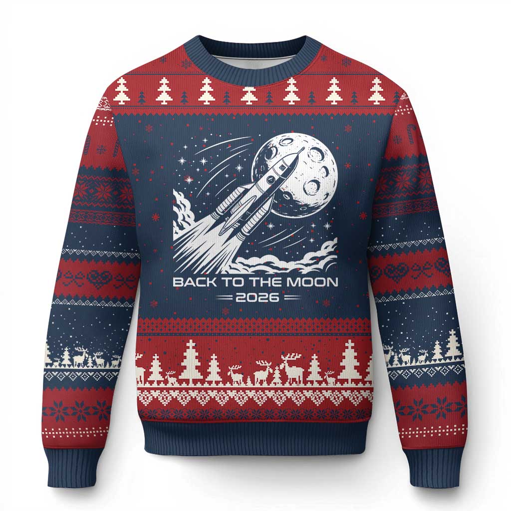 Back To The Moon Ugly Christmas Sweater Space Exploration Moon Journey 2026 TS12 Navy Red Print Your Wear