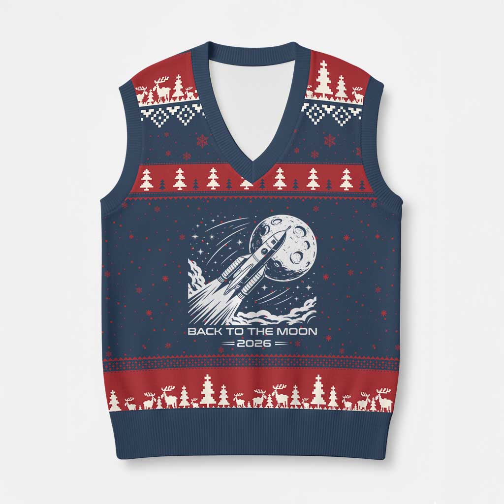 Back To The Moon V-Neck Knit Sweater Vest Space Exploration Moon Journey 2026 TS12 Navy Red Print Your Wear