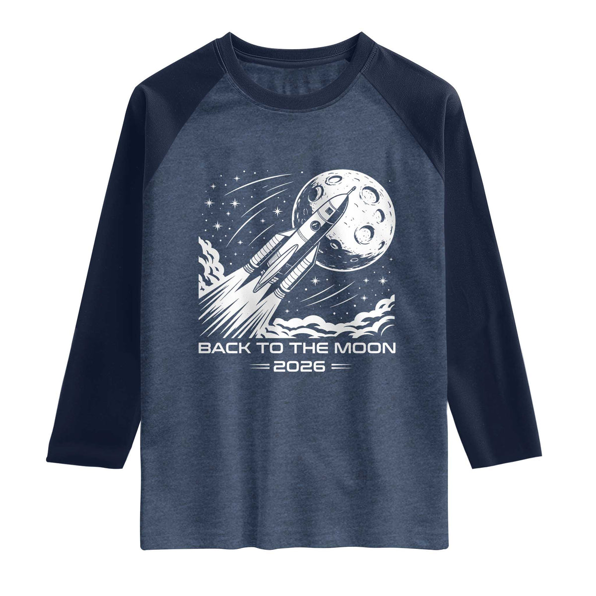 Back To The Moon Raglan Shirt Space Exploration Moon Journey 2026 TS12 Heather Denim Navy Print Your Wear