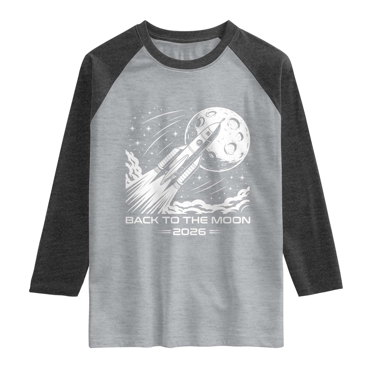 Back To The Moon Raglan Shirt Space Exploration Moon Journey 2026 TS12 Heather Gray Heather Charcoal Print Your Wear