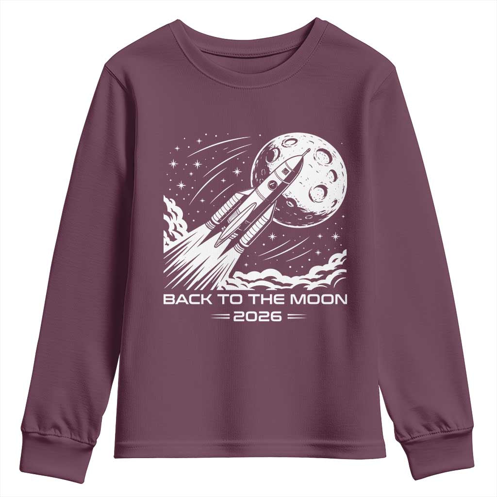 Back To The Moon Youth Sweatshirt Space Exploration Moon Journey 2026 TS12 Maroon Print Your Wear