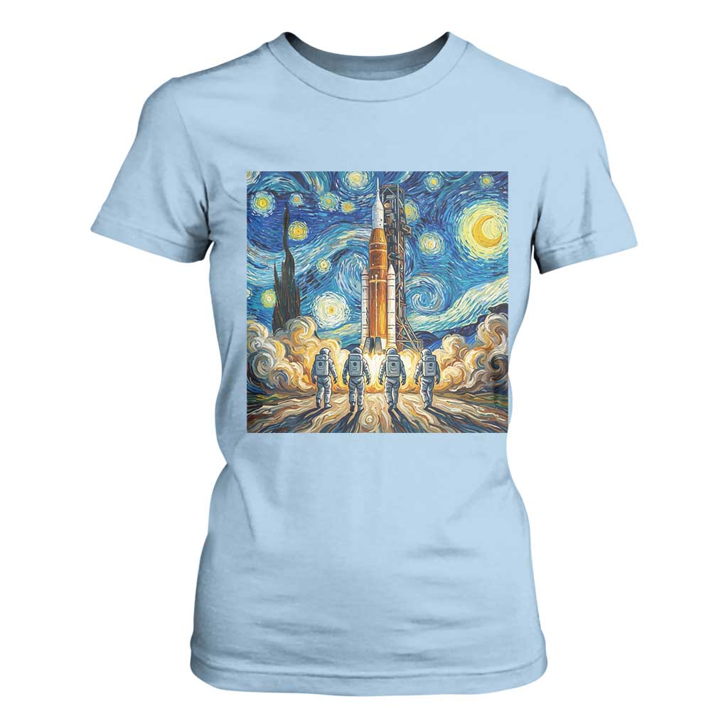 Lunar Mission Astronaut Starry Night T Shirt For Women Space Lover Gift TS12 Light Blue Print Your Wear