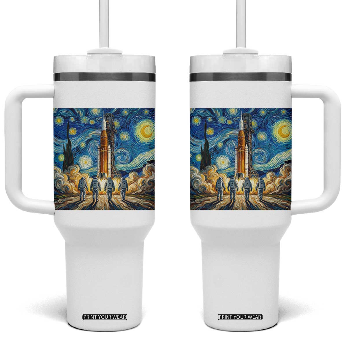 Lunar Mission Astronaut Starry Night Tumbler With Handle Space Lover Gift TS12 One Size: 40 oz White Print Your Wear