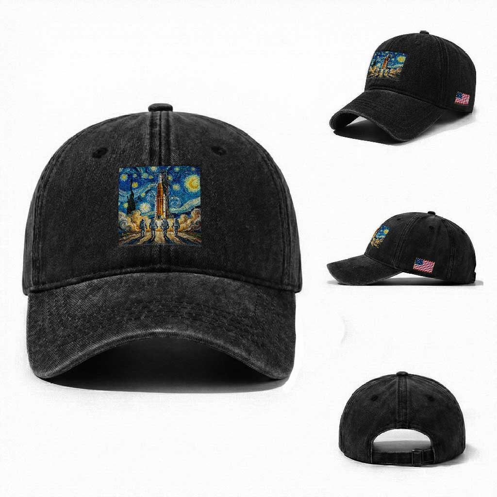 Lunar Mission Astronaut Starry Night Washed Cotton Baseball Cap Space Lover Gift TS12 Washed Cap Universal Fit Black Print Your Wear