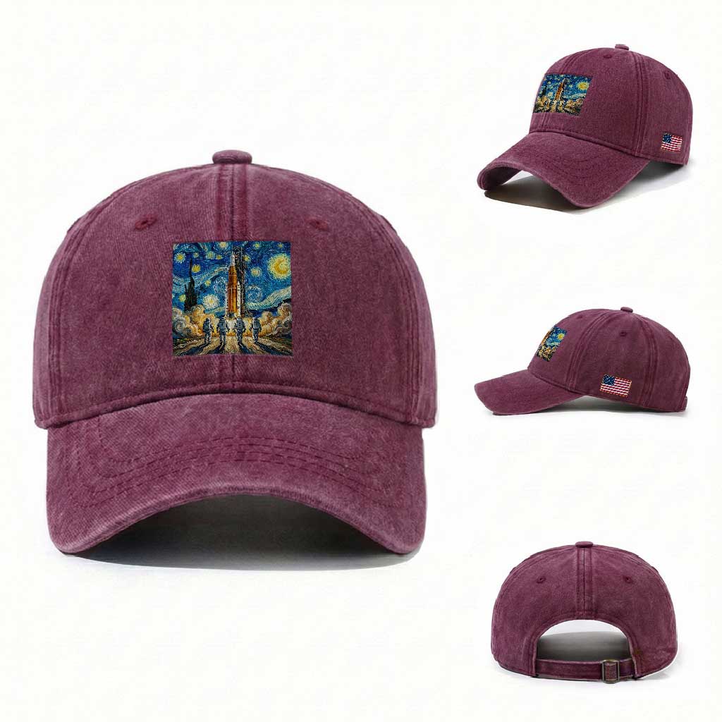 Lunar Mission Astronaut Starry Night Washed Cotton Baseball Cap Space Lover Gift TS12 Washed Cap Universal Fit Burgundy Print Your Wear