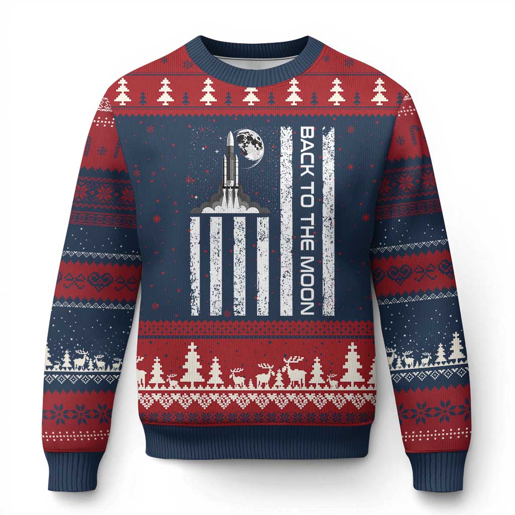 Patriotic American Pride Astronaut Lunar Mission Ugly Christmas Sweater Back To The Moon TS12 Navy Red Print Your Wear