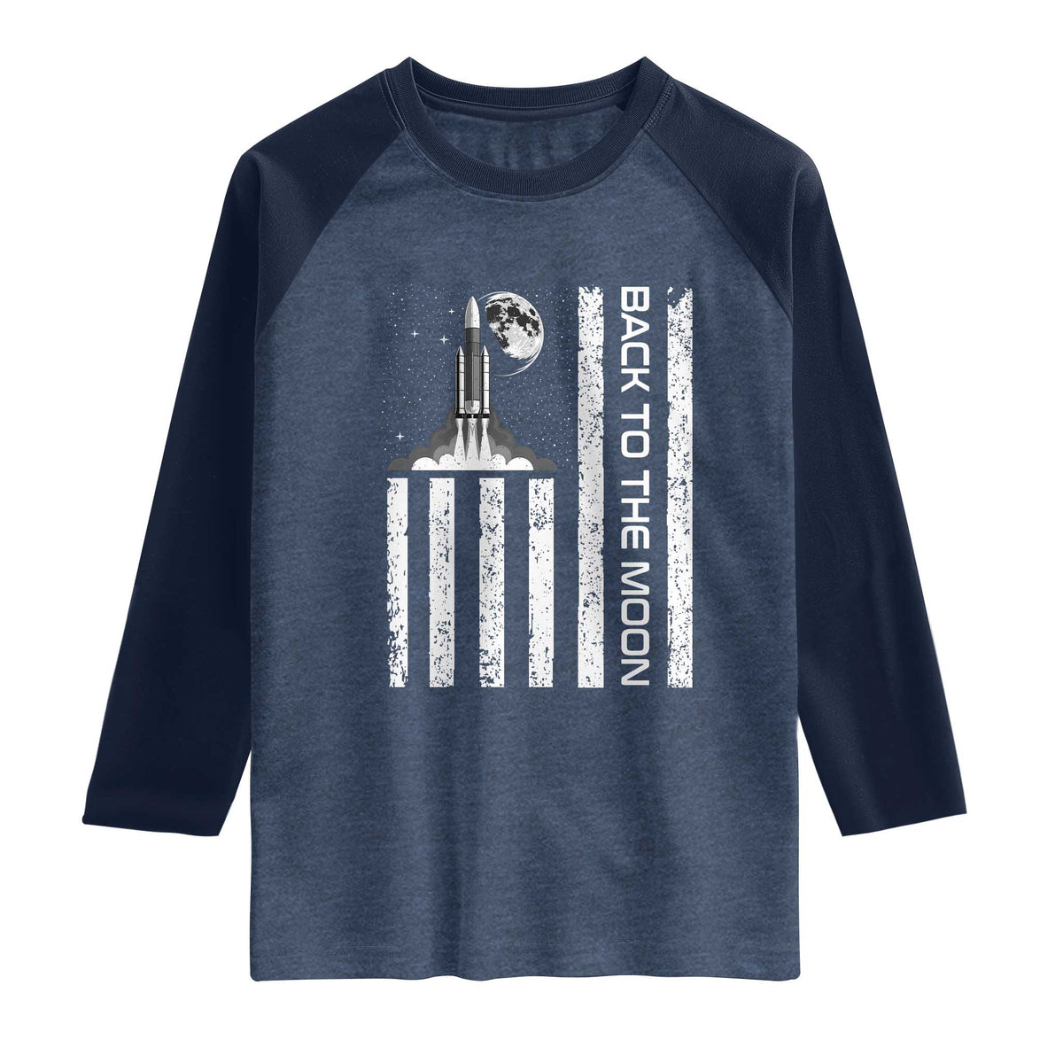 Patriotic American Pride Astronaut Lunar Mission Raglan Shirt Back To The Moon TS12 Heather Denim Navy Print Your Wear