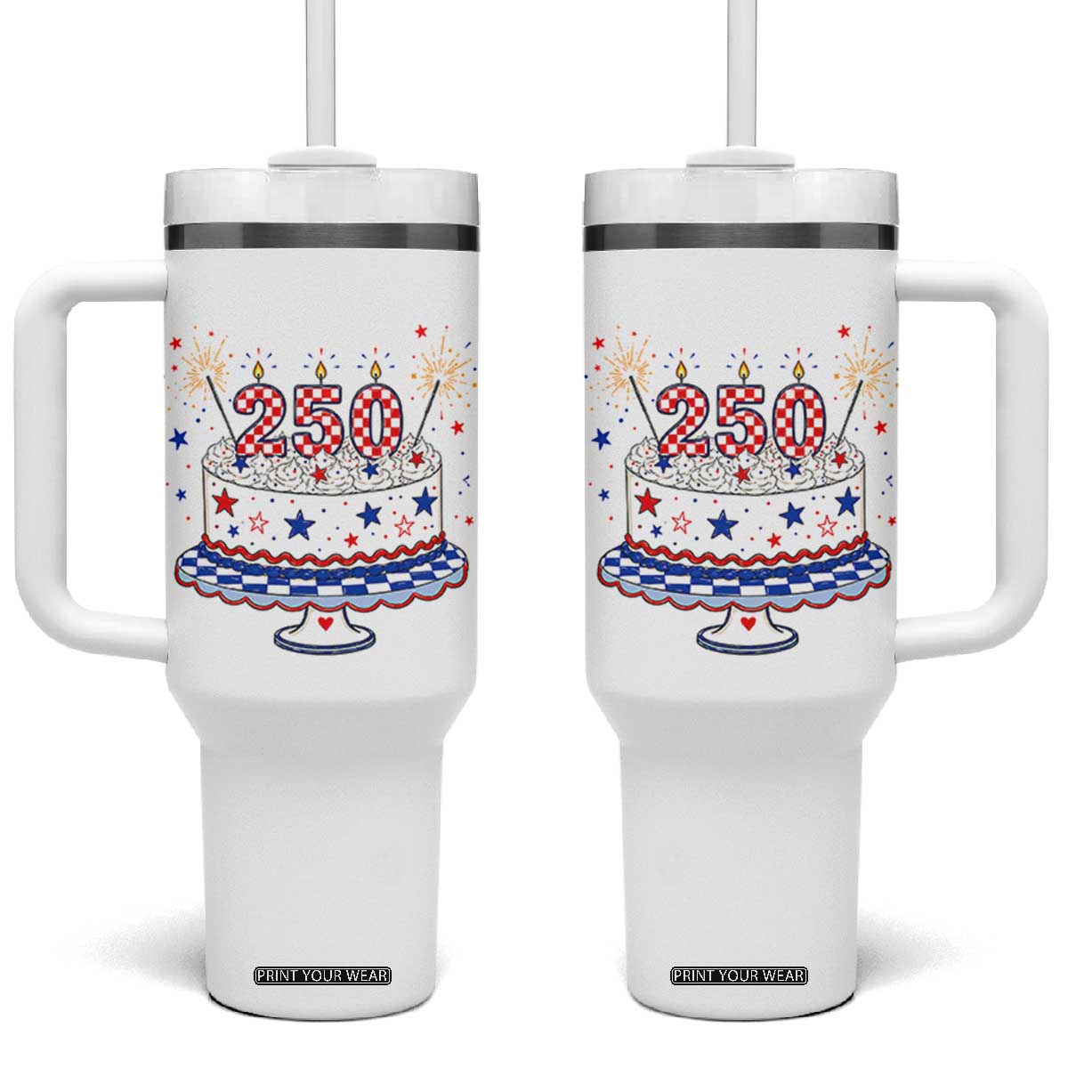 USA 250th Anniversary Birthday Cake Party Gift Tumbler With Handle TS12 One Size: 40 oz White Print Your Wear