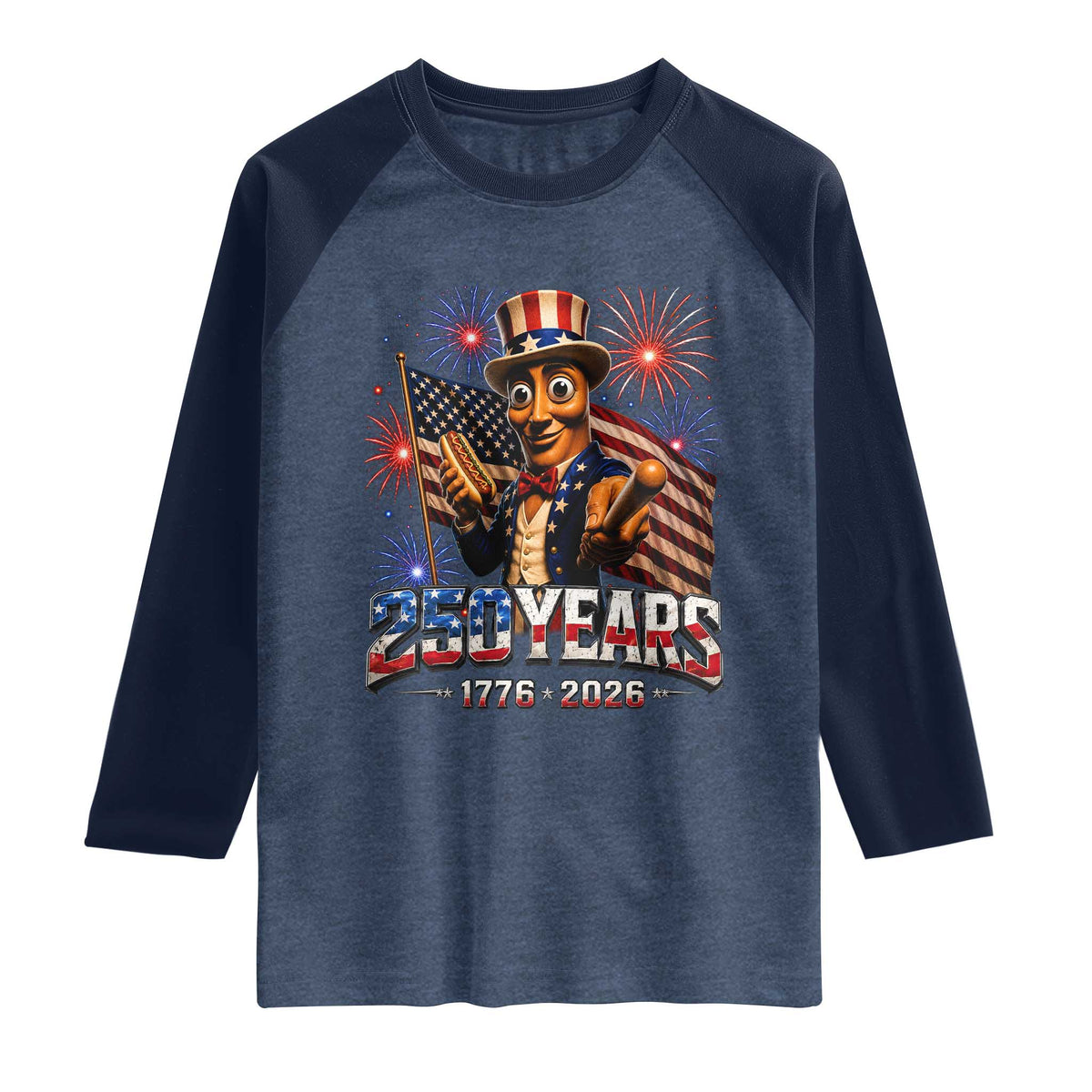 USA 250th Anniversary Tung Tung Sahur Raglan Shirt Funny American Anniversary Celebration TS12 Heather Denim Navy Print Your Wear