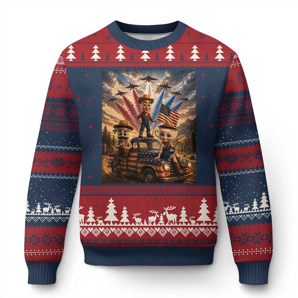 Patriotic Italian Brainrot Farmer Meme Ugly Christmas Sweater Funny USA Freedom Jet Fighter Graphic TS12 Navy Red Print Your Wear